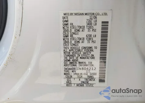 2007 Infiniti Qx56 z USA, uszkodzony, nr VIN 5N3AA08C17N804212